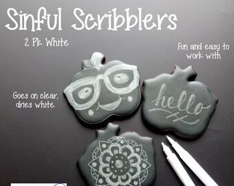 White Sinful Scribblers Fine Line / Dual Ended - 2 White Pens Kit Food Decorating Pens - Markers / Food Safe