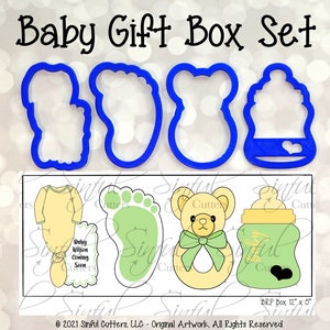 May include: A set of cookie cutters for a baby shower or new baby gift. The cutters are blue and include a baby bottle, a footprint, a teddy bear, and a baby in a onesie. The text on the image reads "Baby Wilson Coming Soon".