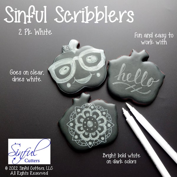 White Sinful Scribblers Fine Line / Dual Ended - 2 White Pens Kit Food Decorating Pens - Markers / Food Safe