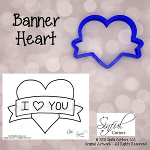 Banner Heart 5 Sizes Cookie Cutter STL File, Print at Home, Sugar Cookies, Fondant, Clay Baking Tools, Heart, Valentine&#39;s Day, Wedding, Love