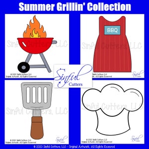 May include: A set of four digital cutting files for a grill, spatula, chef's hat, and BBQ apron. The files are designed for use with a cutting machine and are perfect for creating personalised crafts and decorations.