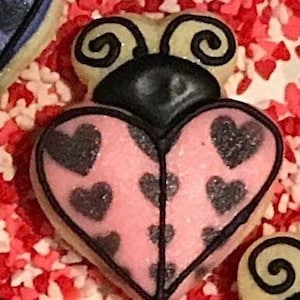 May include: A pink and black ladybug cookie decorated with small black hearts. The cookie is surrounded by red and white sprinkles.