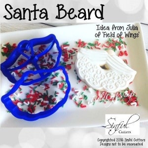 May include: A blue plastic cookie cutter shaped like a Santa beard, with a white cookie decorated with icing on a white plate with red and green sprinkles. The text "Idea from Julia of 'Field of Wings'" is visible in the top right corner of the image. The text "Sinful Cullers" is visible in the bottom right corner of the image. The text "Copyrighted 2016 Sinful Cutters Designs not to be recreated" is visible in the bottom center of the image.