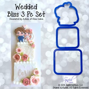 Puede incluir: Un juego de cortadores de galletas de tres piezas para galletas con temática de boda. El juego incluye una silueta de novia y novio y dos marcos cuadrados. También se muestra un pastel de bodas decorado con la palabra "Love".