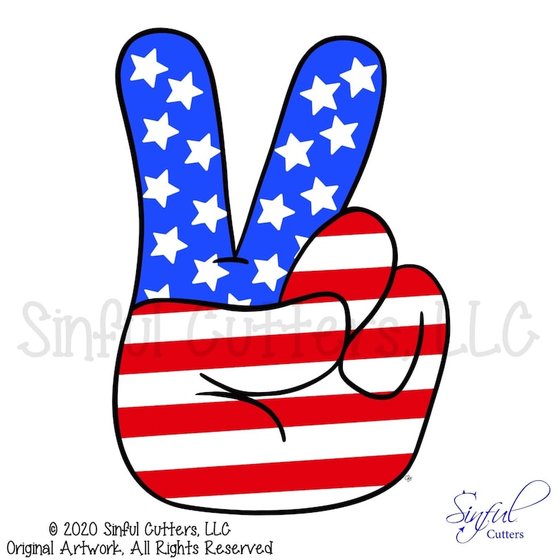 May include: A peace sign hand gesture with the American flag design. The hand is red, white, and blue with white stars on the blue fingers.