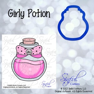 May include: A blue plastic cookie cutter shaped like a potion bottle. The image also features a graphic of a potion bottle with pink liquid, a pink polka dot bow, and the words "Girly Potion".