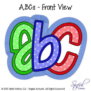 Könnte beinhalten: Farbenfrohes ABC-Design mit den Buchstaben 'abc' in Grün, Blau und Rot, jeweils mit einem Tupfenmuster. Die Buchstaben sind schwarz umrandet und vor einem hellblauen Hintergrund platziert. Der Text 'ABCs - Front View' ist oben zu sehen.