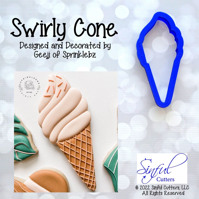 May include: A blue plastic cookie cutter shaped like an ice cream cone with the words "Swirly Cone" on the side. The cutter is on a white background with a blurred out image of a decorated sugar cookie in the background.