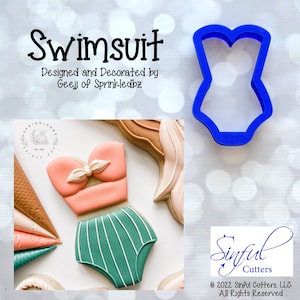 May include: A blue plastic cookie cutter shaped like a swimsuit. The cutter is on a white background with a blurred out image of a decorated cookie in the background. The text "Swimsuit" is at the top of the image. The text "Designed and Decorated by Geeji of Sprinkledbz" is below the image of the cookie cutter.