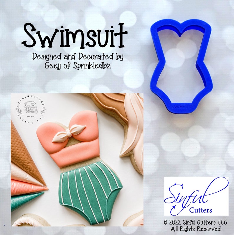 May include: A blue plastic cookie cutter shaped like a swimsuit. The cutter is on a white background with a blurred out image of a decorated cookie in the background. The text "Swimsuit" is at the top of the image. The text "Designed and Decorated by Geeji of Sprinkledbz" is below the image of the cookie cutter.