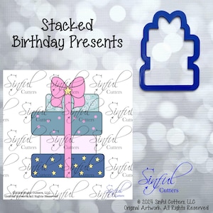 May include: A blue plastic cookie cutter shaped like a stack of presents, alongside a colourful illustration of stacked birthday gifts. The illustration shows pink bows, stars, and patterned gift boxes in shades of blue and pink.