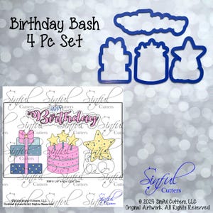 May include: A set of four blue cookie cutters in the shapes of a cloud, gift boxes, and a star. The image also shows a colorful illustration of a birthday cake, gifts, and a star with the text "Happy Birthday".