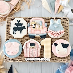 May include: A set of nine decorated sugar cookies in a wicker basket. The cookies feature farm animal themes, including a pig, cow, barn, and a truck that says "moo". There is also a cookie shaped like the number one with a gingham pattern.