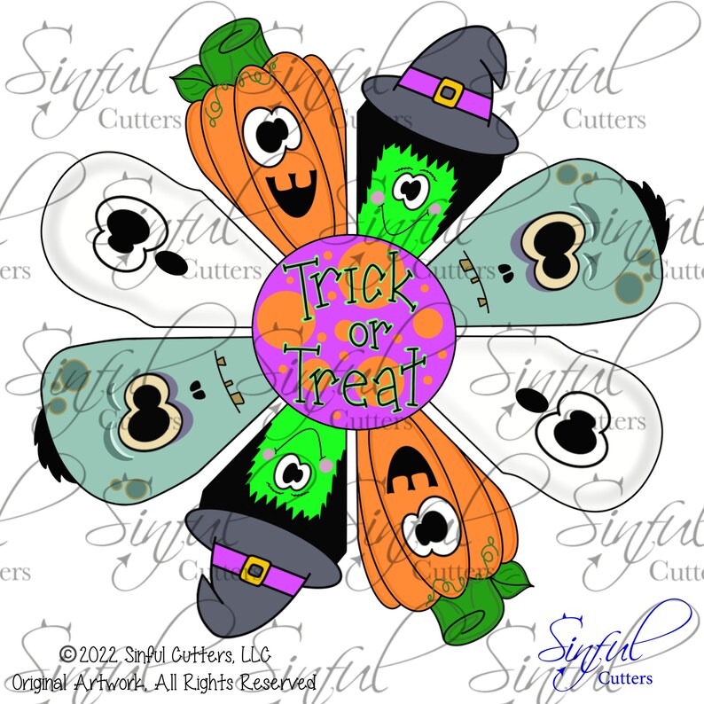 May include: A colourful Halloween-themed design featuring a flower with six petals. Each petal has a different character face, including a pumpkin, a ghost, a witch, and a zombie. The centre of the flower has a circle with the words "Trick or Treat" in pink and white letters.