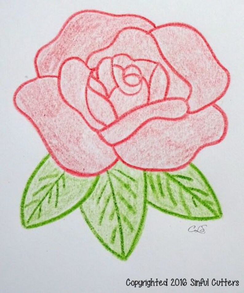 May include: A hand-drawn illustration of a pink rose with green leaves. The rose is drawn in a simple style with a single bloom and leaves.