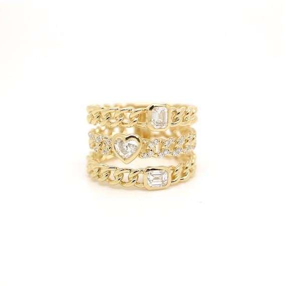 18K Gold Diamond Modern Motif Trio Chain Ring