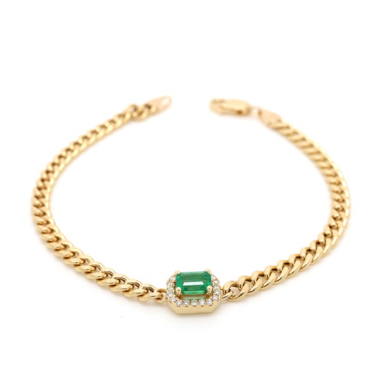 18K Gold Emerald and Diamond Cuban Chain Bracelet