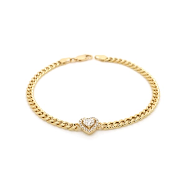 18K Gold Diamond Heart Cuban Chain Bracelet