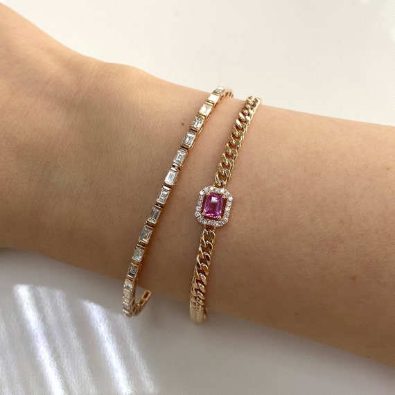 18K Gold Pink Sapphire and Diamond Cuban Chain Bracelet