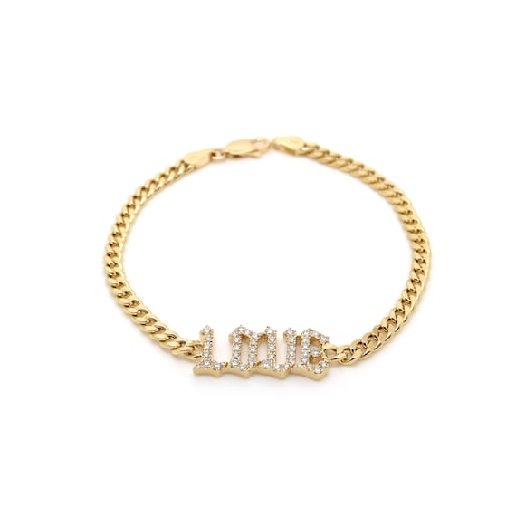 18K Gold Diamond LOVE Cuban Chain Bracelet