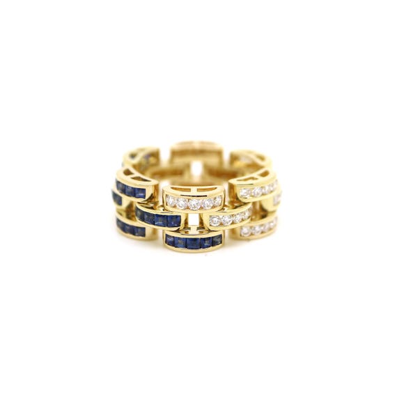 18K Gold Blue Sapphire with Diamond Chain Ring