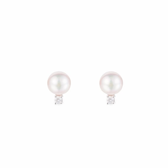 18K Gold Classic Akoya Pearl White Diamond Stud Earrings