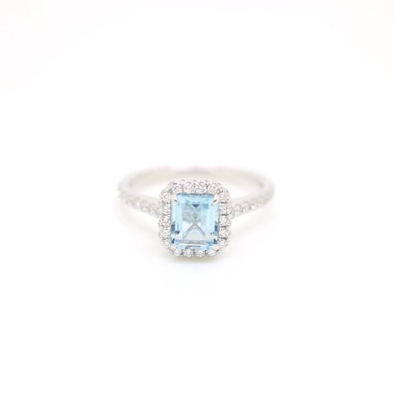 18K Gold Aquamarine with Diamond Halo Ring