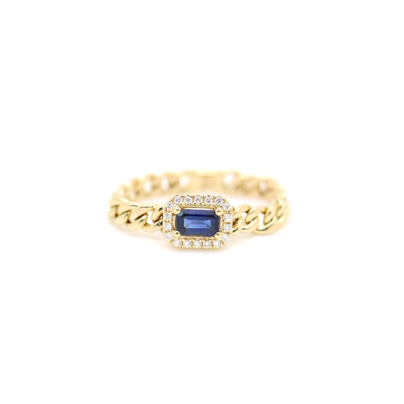 18K Gold Emerald Cut Sapphire with Diamond Chain Ring