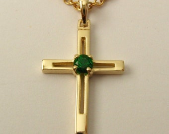 Colgante de cruz de esmeralda con piedra natal de mayo, unisex, genuino oro amarillo sólido de 9 quilates