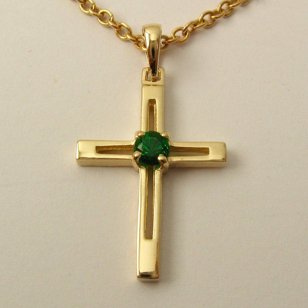 Genuine SOLID 9K 9ct Yellow GOLD Unisex May Birthstone birthday Emerald Cross Pendant