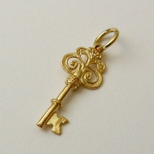 May include: A gold-toned key charm with an ornate design. The key has a loop at the top for attaching to a necklace or bracelet.