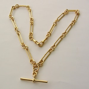 Genuine SOLID 9K 9ct YELLOW GOLD Trombone Link Albert Chain Necklace with T-Bar and Double Dog Clip Clasps 52 cm