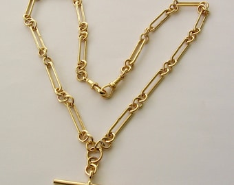 Genuine SOLID 9K 9ct YELLOW GOLD Trombone Link Albert Chain Necklace with T-Bar and Double Dog Clip Clasps 52 cm