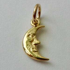 May include: A gold crescent moon charm with a face sculpted into the surface. The charm has a loop at the top for attaching to a necklace or bracelet.