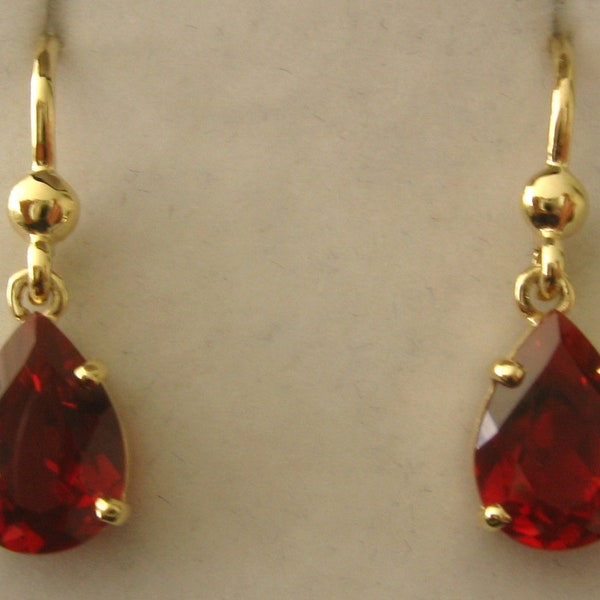 Genuine 9K 9ct Solid Gold July Birthstone Pear Shape Ruby Dangle Hook Earrings