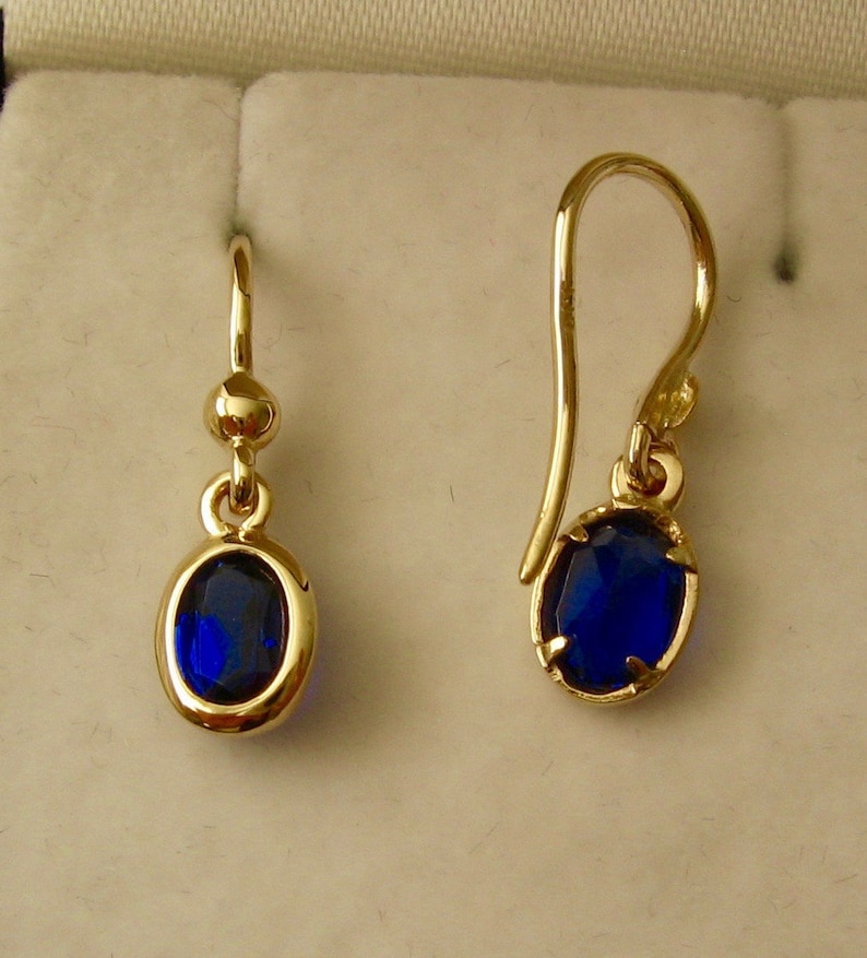 7x5mm Genuine SOLID 9K 9ct YELLOW GOLD September Birthstone Sapphire Dangle Hook Earrings image 3