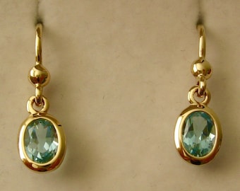 7x5mm Genuine SOLID 9K 9ct YELLOW GOLD March Birthstone Aquamarine Dangle Hook Earrings