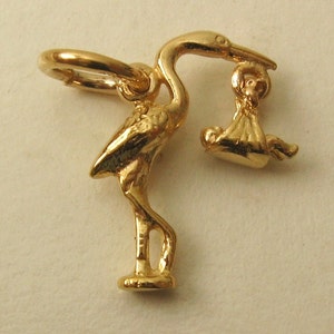 Genuine SOLID 9ct 9K YELLOW GOLD 3D Stork and Baby New Born charm pendant Gift