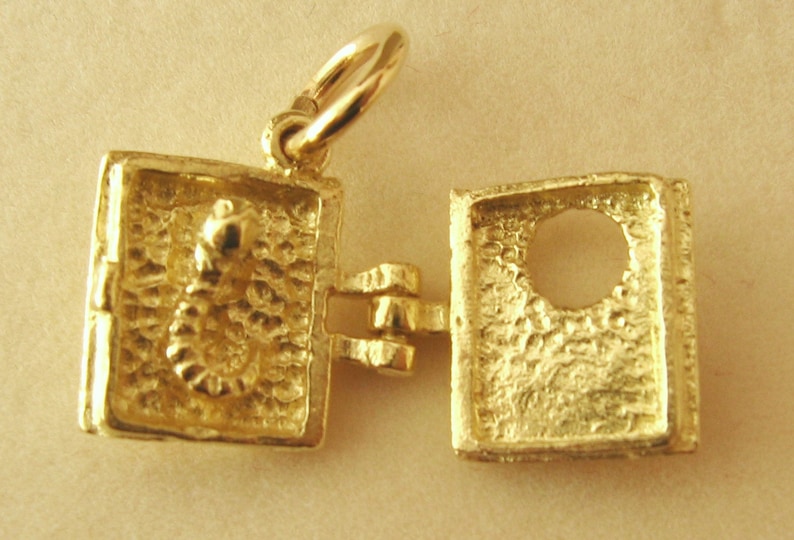 May include: Gold-toned charm in the shape of a small, hinged box with a snake inside. The box is open and the snake is visible. The charm has a loop for attaching to a necklace or bracelet.
