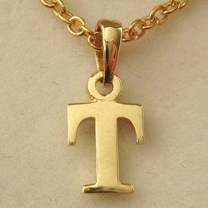 May include: A gold chain necklace with a gold pendant in the shape of the letter T.