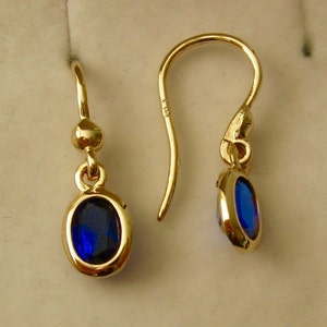 7x5mm Genuine SOLID 9K 9ct YELLOW GOLD September Birthstone Sapphire Dangle Hook Earrings image 2