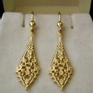 Genuine SOLID 9ct YELLOW GOLD Ancient Vintage Style Filigree Drop Dangle Hook Earrings