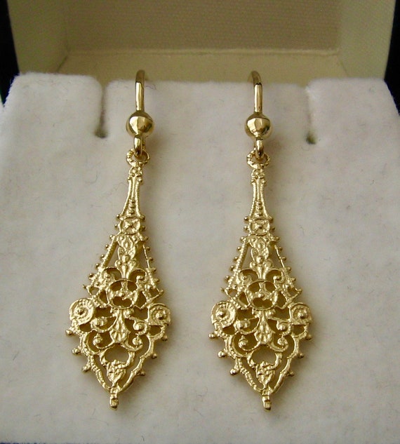 Genuine SOLID 9ct YELLOW GOLD Ancient Vintage Style Filigree Drop Dangle Hook Earrings