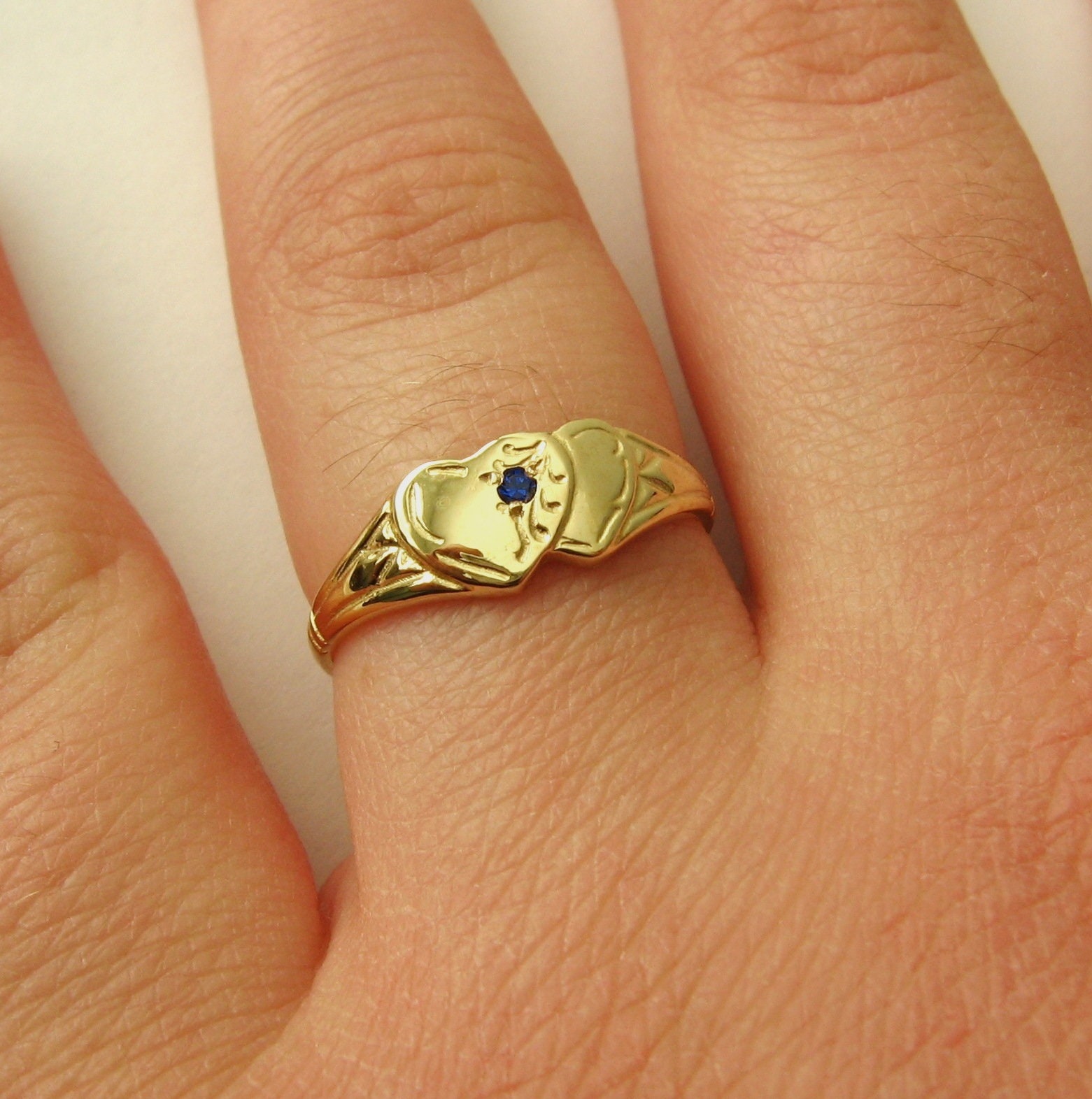 Genuine Solid 9K 9ct Yellow Gold Double Heart Sapphire Love Signet