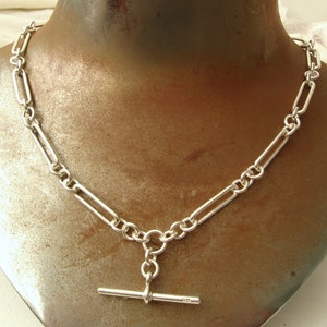 Genuine SOLID 925 STERLING SILVER Trombone Link Albert Chain Necklace with T Bar and Double Clasps