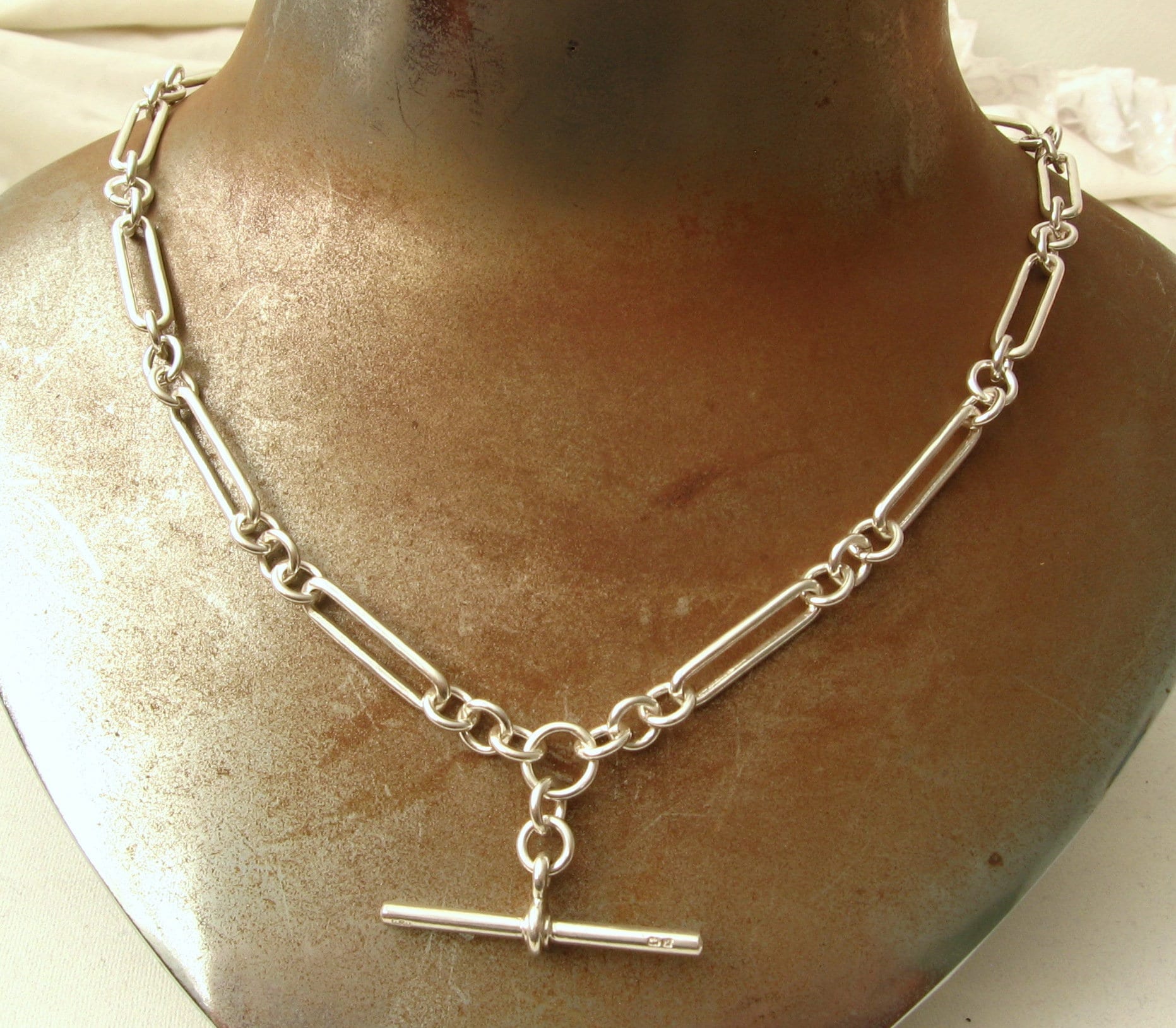 Genuine SOLID 925 STERLING SILVER Trombone Link Albert Chain Necklace With T Bar and Double Clasps Etsy UK