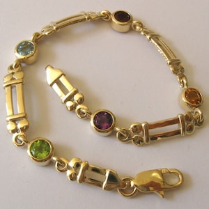 SOLID 9K 9ct YELLOW GOLD Natural Garnet Amethyst Citrine Peridot Blue Topaz Bracelet with Parrot Clasp 19 cm