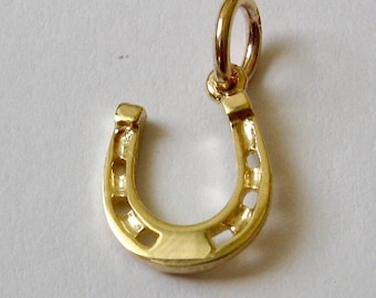 May include: Gold horseshoe charm with a detailed design and a loop for attaching to a necklace or bracelet.