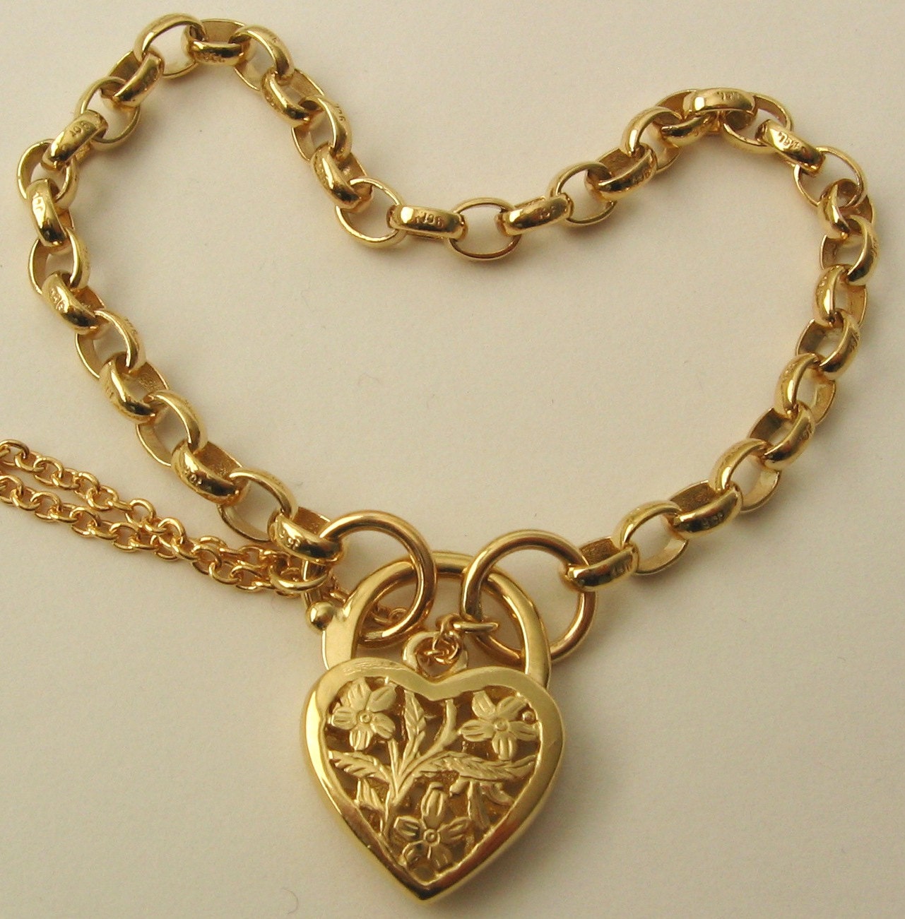 Estate 9ct Yellow Gold Belcher Bracelet with Heart Padlock Clasp & Saf –  Stonz Jewellers NZ