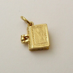May include: A gold-colored book charm with a hinged clasp. The charm is detailed with a textured surface and a decorative border.